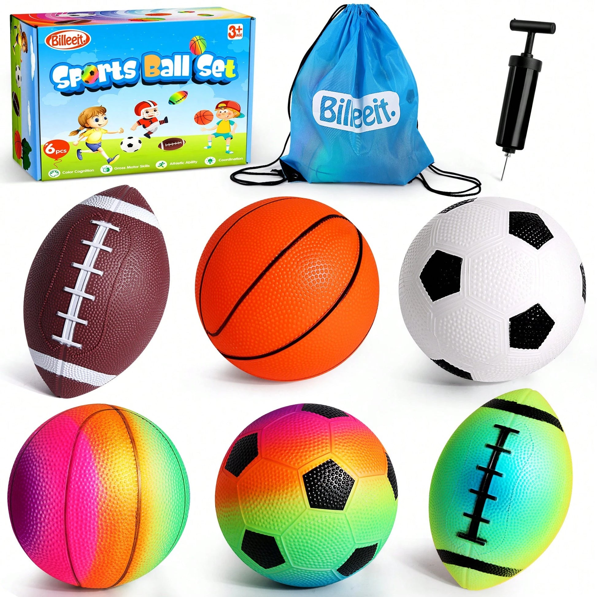 Small Sports Balls For Kids Pack Of 6, 2 Each Of 5" Football, Basketball, Soccer For Playground, Toy Balls Set, Inflatable Multi-Sport Ball Set With 1 Pump For Indoor And Outdoor Activities