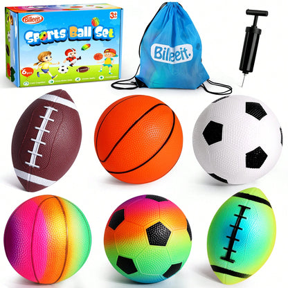 Small Sports Balls For Kids Pack Of 6, 2 Each Of 5" Football, Basketball, Soccer For Playground, Toy Balls Set, Inflatable Multi-Sport Ball Set With 1 Pump For Indoor And Outdoor Activities