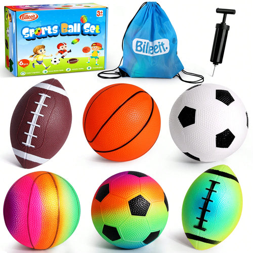 Small Sports Balls For Kids Pack Of 6, 2 Each Of 5" Football, Basketball, Soccer For Playground, Toy Balls Set, Inflatable Multi-Sport Ball Set With 1 Pump For Indoor And Outdoor Activities