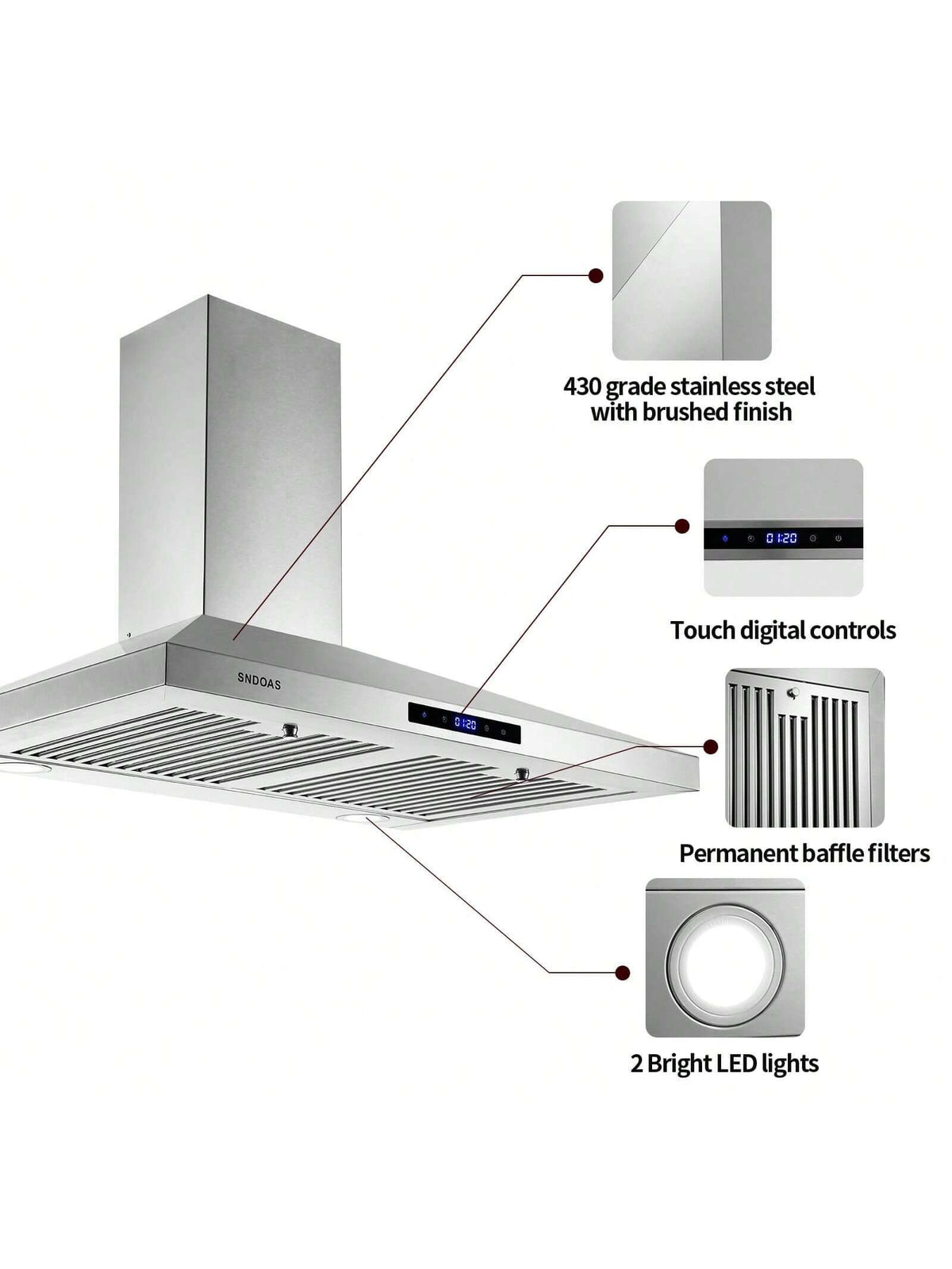 SNDOAS 30 Inches Stainless Steel Wall Mount Range Hood,W/Touch Control,Ducted/Ductless Convertible,Baffle Filters,3 Speeds,Cyber Monday,Gift