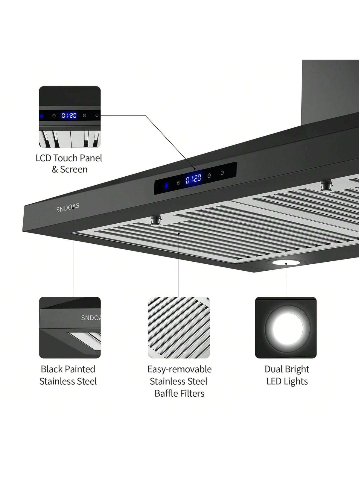 SNDOAS 30 Inches Stainless Steel Wall Mount Range Hood,W/Touch Control,Ducted/Ductless Convertible,Baffle Filters,3 Speeds,Cyber Monday,Gift
