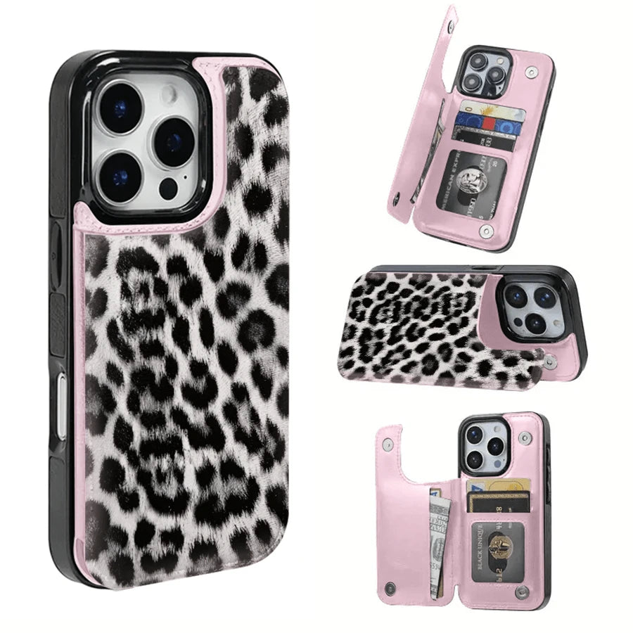 Snow Leopard Print Textured Leather Card Holder Phone Case- Compatible With The 17 Pro Max/Air/16/15/14/13/12/11 Series, As Well As The S22/S23/S24/25 Series. It Makes An Ideal Gift For Christmas