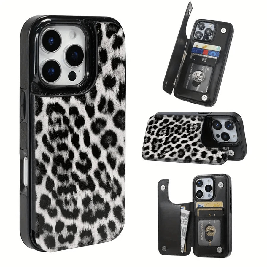 Snow Leopard Print Textured Leather Card Holder Phone Case- Compatible With The 17 Pro Max/Air/16/15/14/13/12/11 Series, As Well As The S22/S23/S24/25 Series. It Makes An Ideal Gift For Christmas
