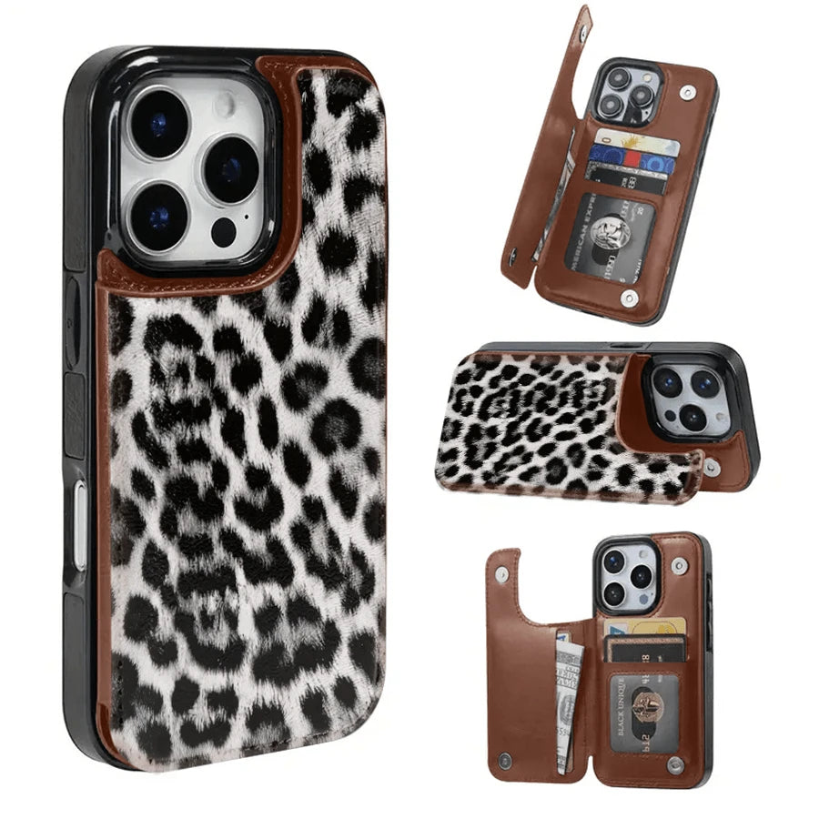 Snow Leopard Print Textured Leather Card Holder Phone Case- Compatible With The 17 Pro Max/Air/16/15/14/13/12/11 Series, As Well As The S22/S23/S24/25 Series. It Makes An Ideal Gift For Christmas