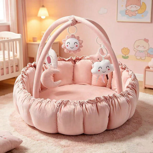 Soft Baby Play Mat With Activity Arch & Hanging Toys, Foldable Infant Tummy Time Playcenter With Adjustable Design, Multi-Functional Newborn Play