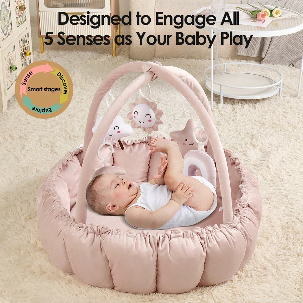 Soft Baby Play Mat With Activity Arch & Hanging Toys, Foldable Infant Tummy Time Playcenter With Adjustable Design, Multi-Functional Newborn Play
