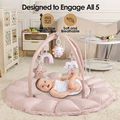 Soft Baby Play Mat With Activity Arch & Hanging Toys, Foldable Infant Tummy Time Playcenter With Adjustable Design, Multi-Functional Newborn Play