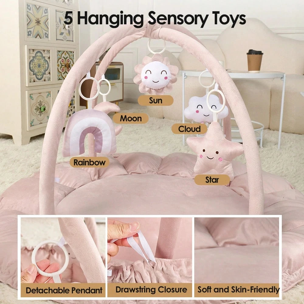 Soft Baby Play Mat With Activity Arch & Hanging Toys, Foldable Infant Tummy Time Playcenter With Adjustable Design, Multi-Functional Newborn Play