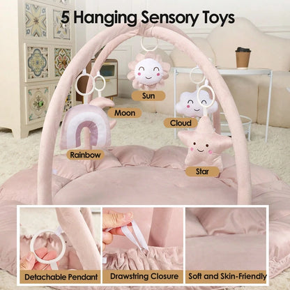 Soft Baby Play Mat With Activity Arch & Hanging Toys, Foldable Infant Tummy Time Playcenter With Adjustable Design, Multi-Functional Newborn Play