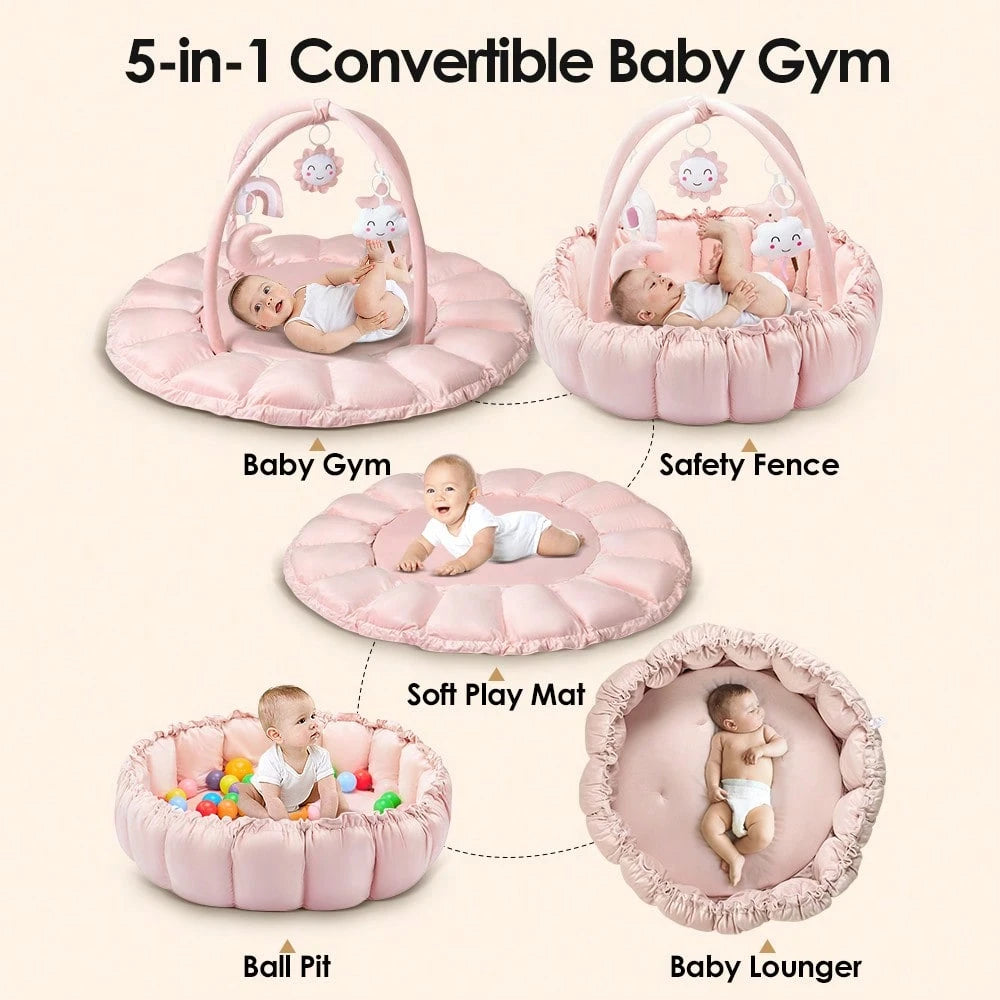 Soft Baby Play Mat With Activity Arch & Hanging Toys, Foldable Infant Tummy Time Playcenter With Adjustable Design, Multi-Functional Newborn Play