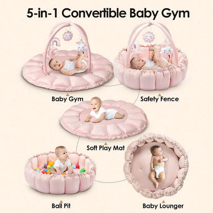 Soft Baby Play Mat With Activity Arch & Hanging Toys, Foldable Infant Tummy Time Playcenter With Adjustable Design, Multi-Functional Newborn Play