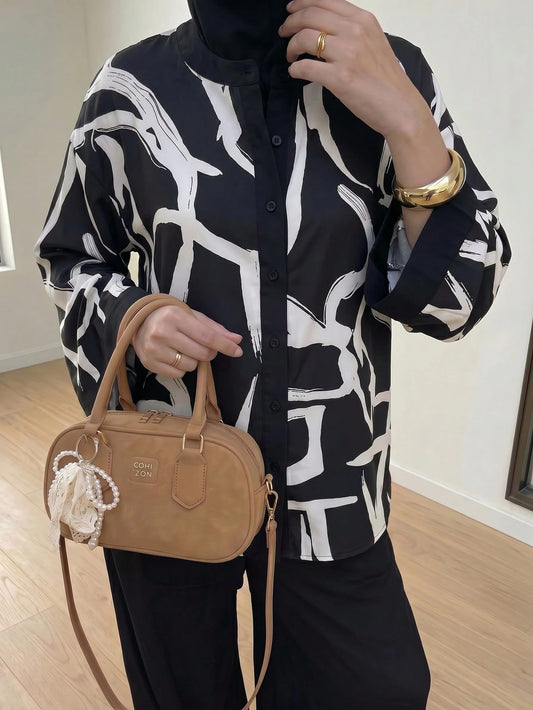 Solavon Women's Casual Random Printed Bell Sleeve Shirt, Spring/Summer