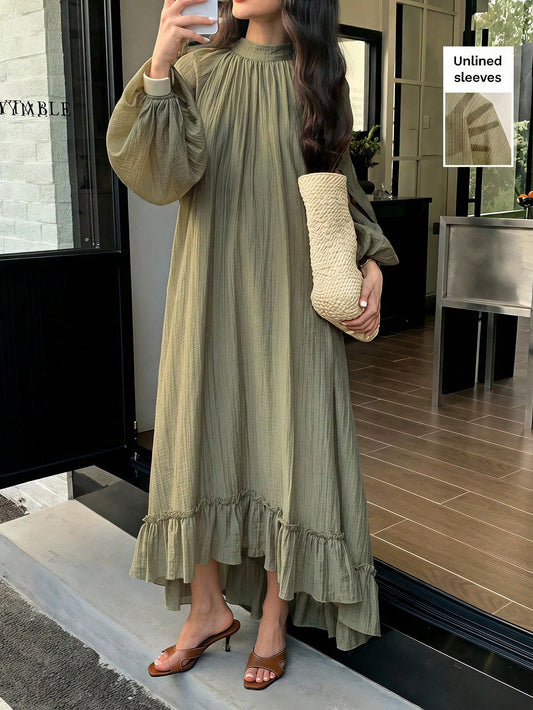 Solavon Women's Casual Solid Color Pleated Ruffle Hem Arabic Style Unlined Sleeves Dress, Autumn