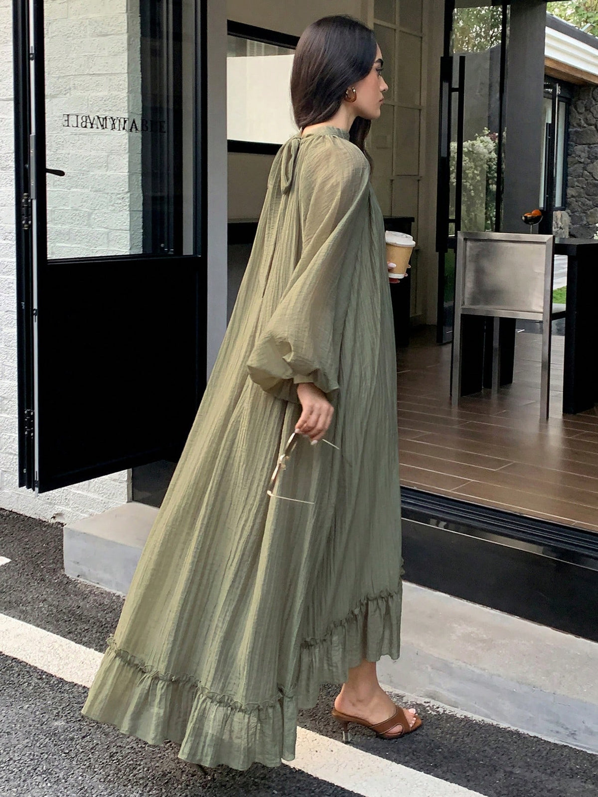 Solavon Women's Casual Solid Color Pleated Ruffle Hem Arabic Style Unlined Sleeves Dress, Autumn
