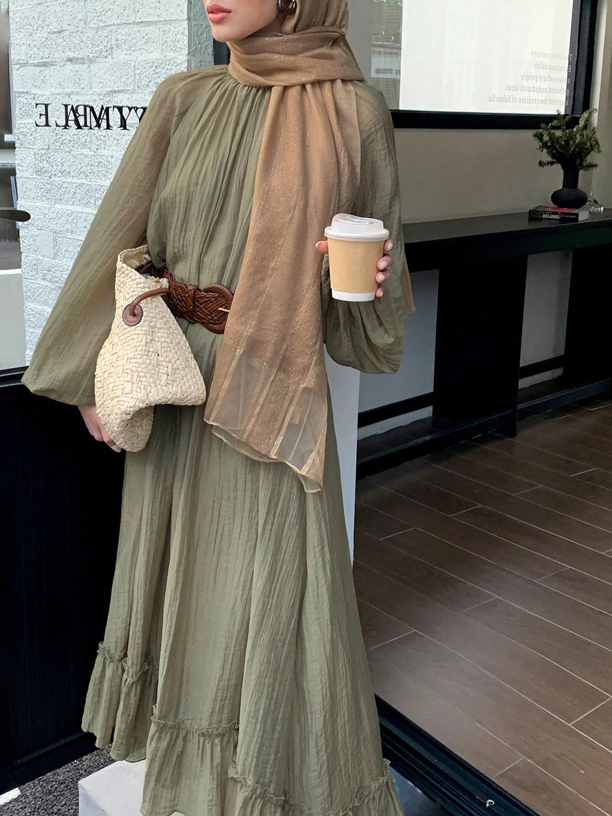 Solavon Women's Casual Solid Color Pleated Ruffle Hem Arabic Style Unlined Sleeves Dress, Autumn