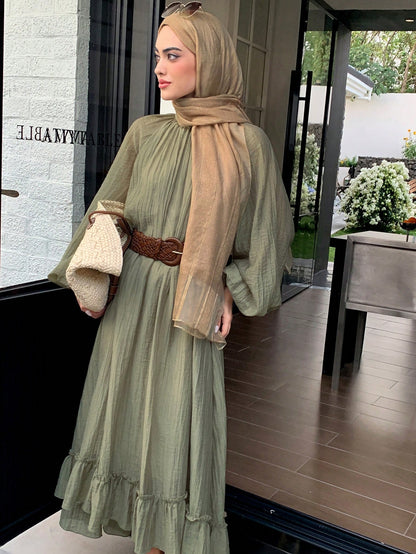 Solavon Women's Casual Solid Color Pleated Ruffle Hem Arabic Style Unlined Sleeves Dress, Autumn