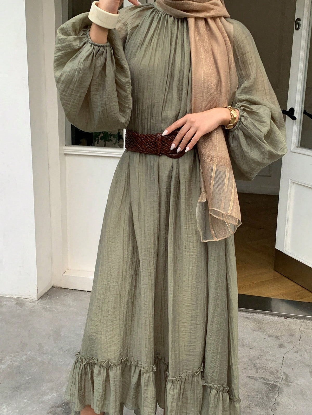 Solavon Women's Casual Solid Color Pleated Ruffle Hem Arabic Style Unlined Sleeves Dress, Autumn