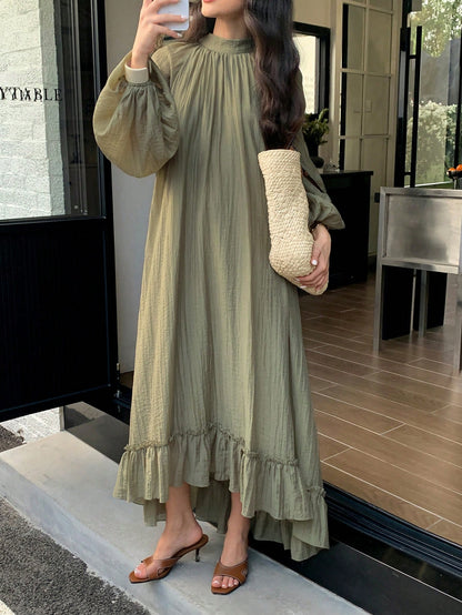 Solavon Women's Casual Solid Color Pleated Ruffle Hem Arabic Style Unlined Sleeves Dress, Autumn