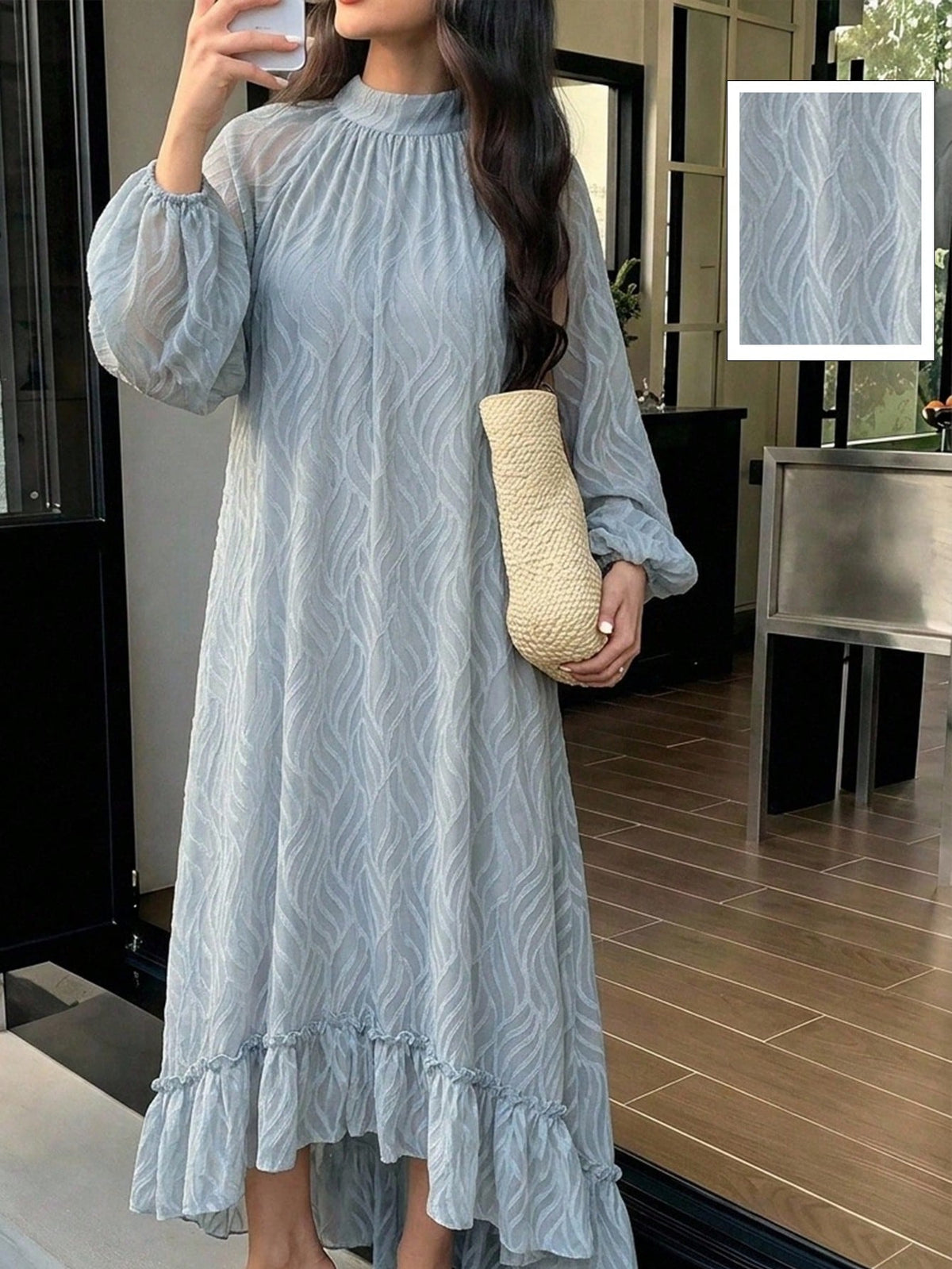 Solavon Women's Casual Solid Color Pleated Ruffle Hem Arabic Style Unlined Sleeves Dress, Autumn