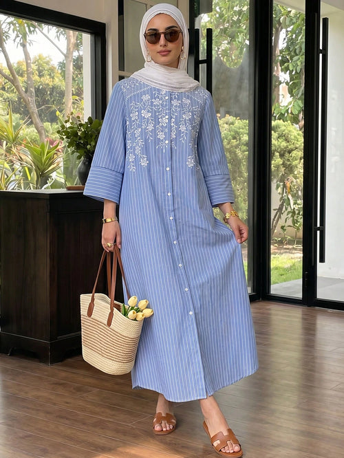 Solavon Women's Casual, Versatile Blue-And-White Striped Dress-Perfect For Vacation-Featuring 50% Cotton Fabric And White Embroidery Detailing.