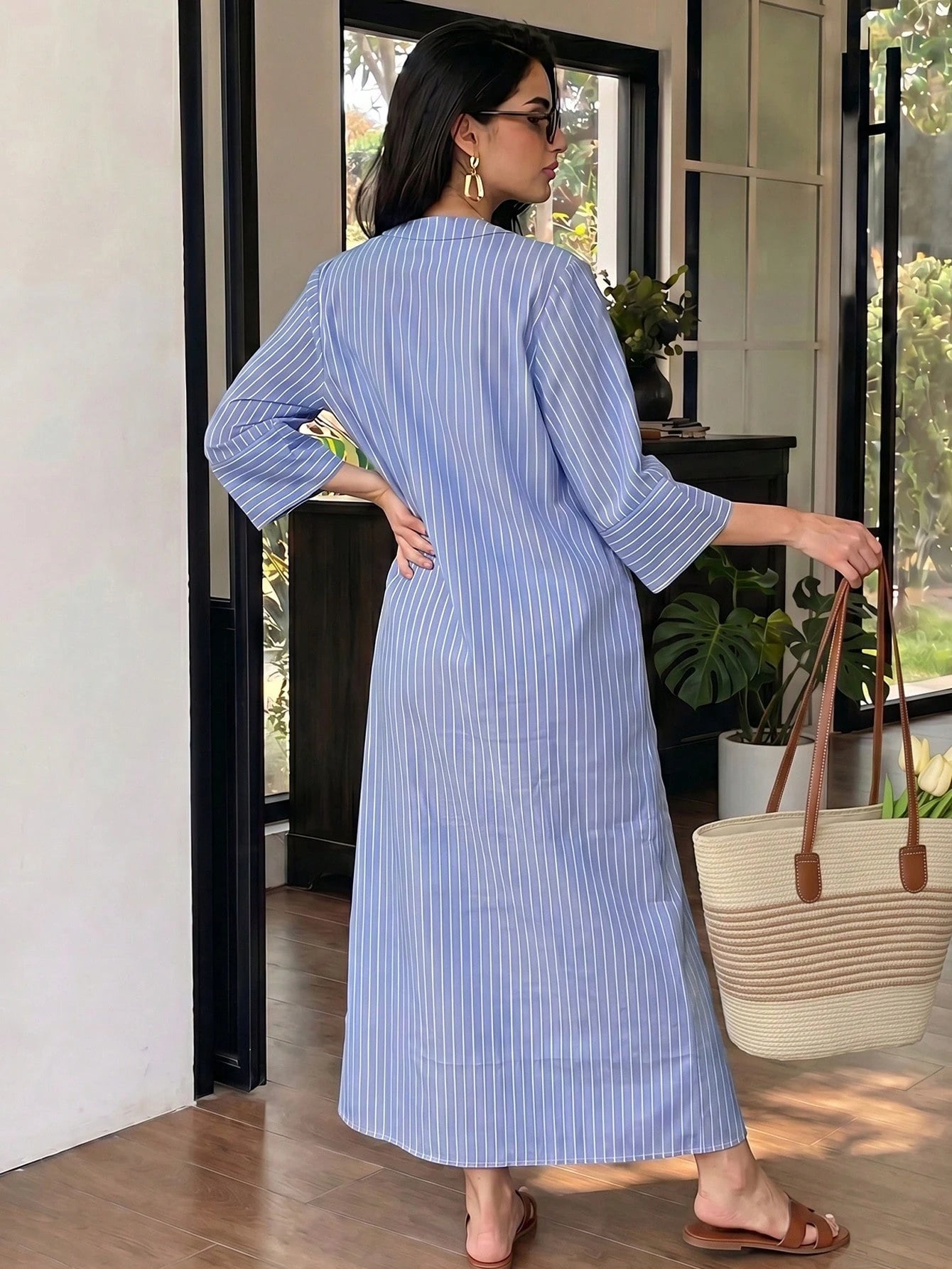Solavon Women's Casual, Versatile Blue-And-White Striped Dress-Perfect For Vacation-Featuring 50% Cotton Fabric And White Embroidery Detailing.
