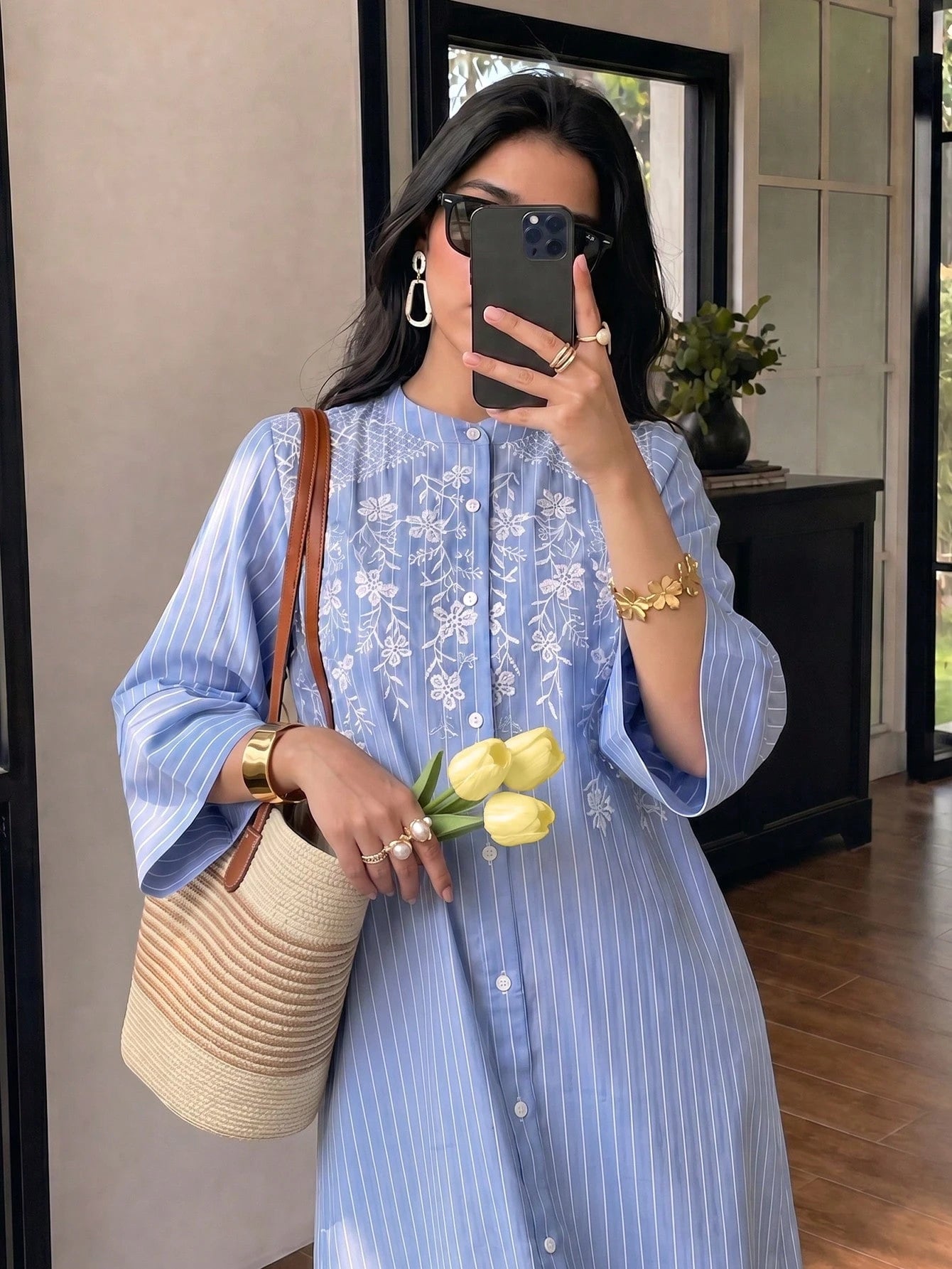 Solavon Women's Casual, Versatile Blue-And-White Striped Dress-Perfect For Vacation-Featuring 50% Cotton Fabric And White Embroidery Detailing.