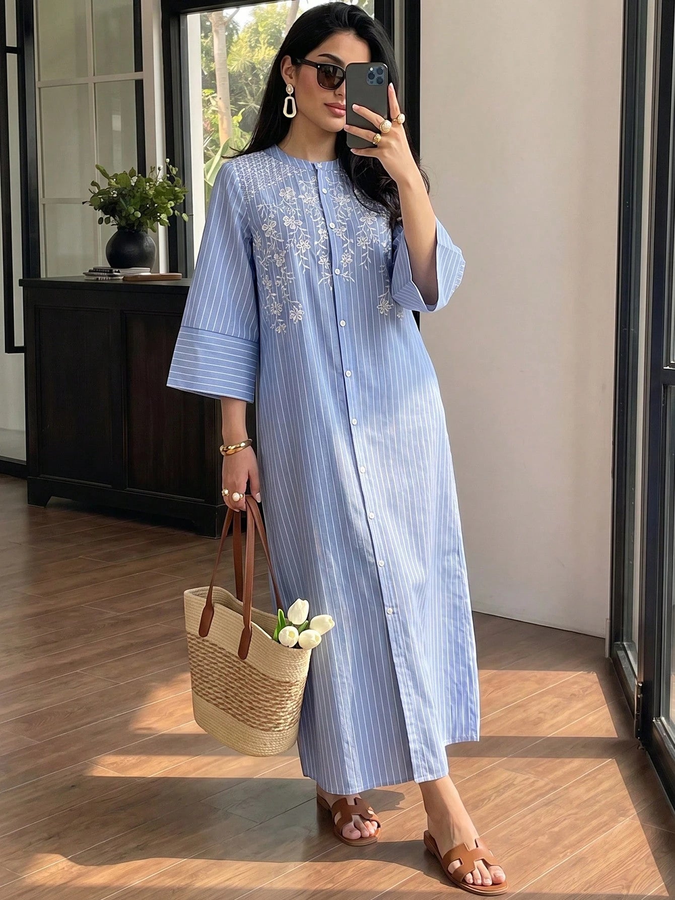 Solavon Women's Casual, Versatile Blue-And-White Striped Dress-Perfect For Vacation-Featuring 50% Cotton Fabric And White Embroidery Detailing.