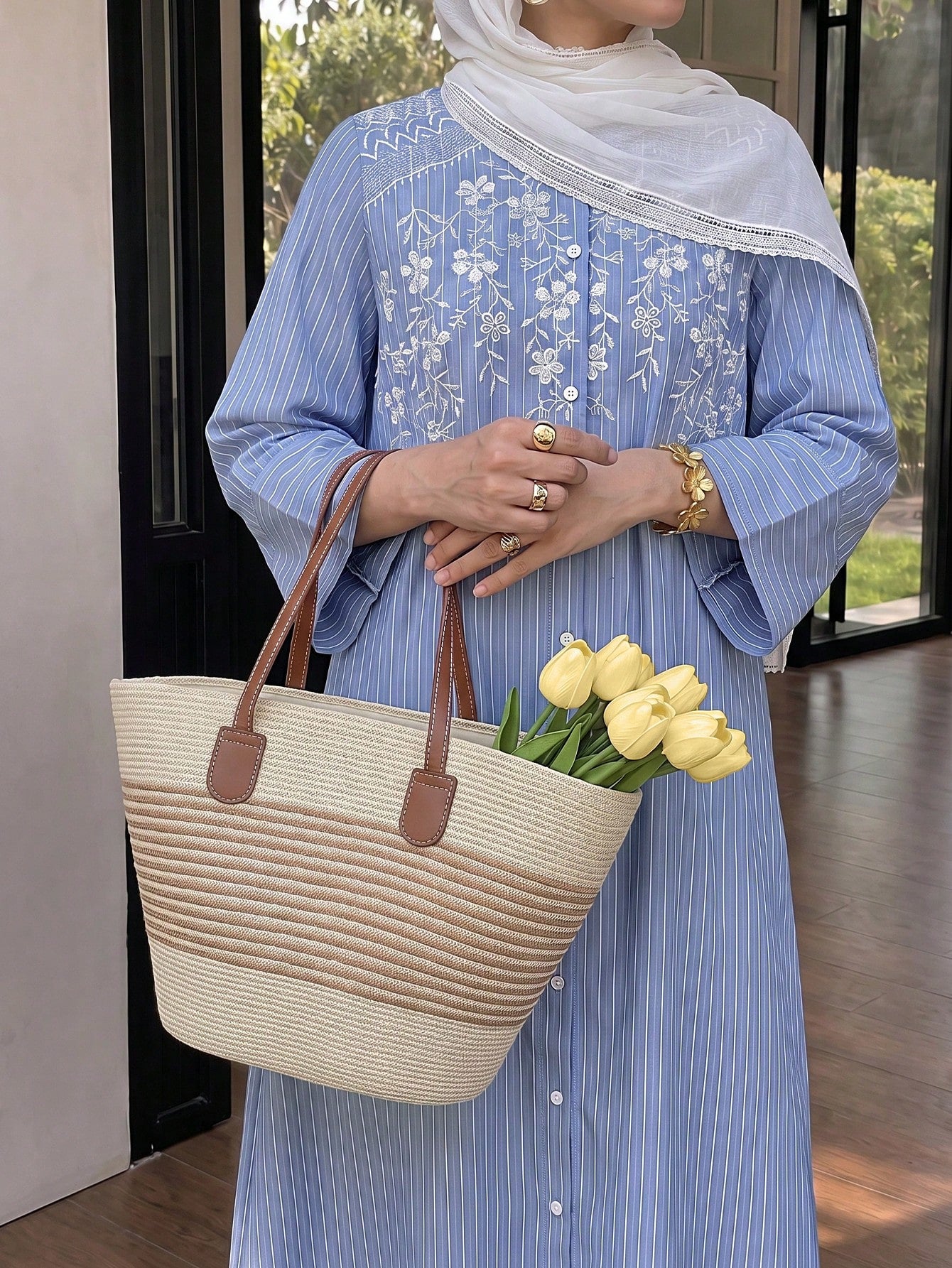 Solavon Women's Casual, Versatile Blue-And-White Striped Dress-Perfect For Vacation-Featuring 50% Cotton Fabric And White Embroidery Detailing.