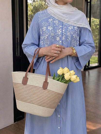 Solavon Women's Casual, Versatile Blue-And-White Striped Dress-Perfect For Vacation-Featuring 50% Cotton Fabric And White Embroidery Detailing.