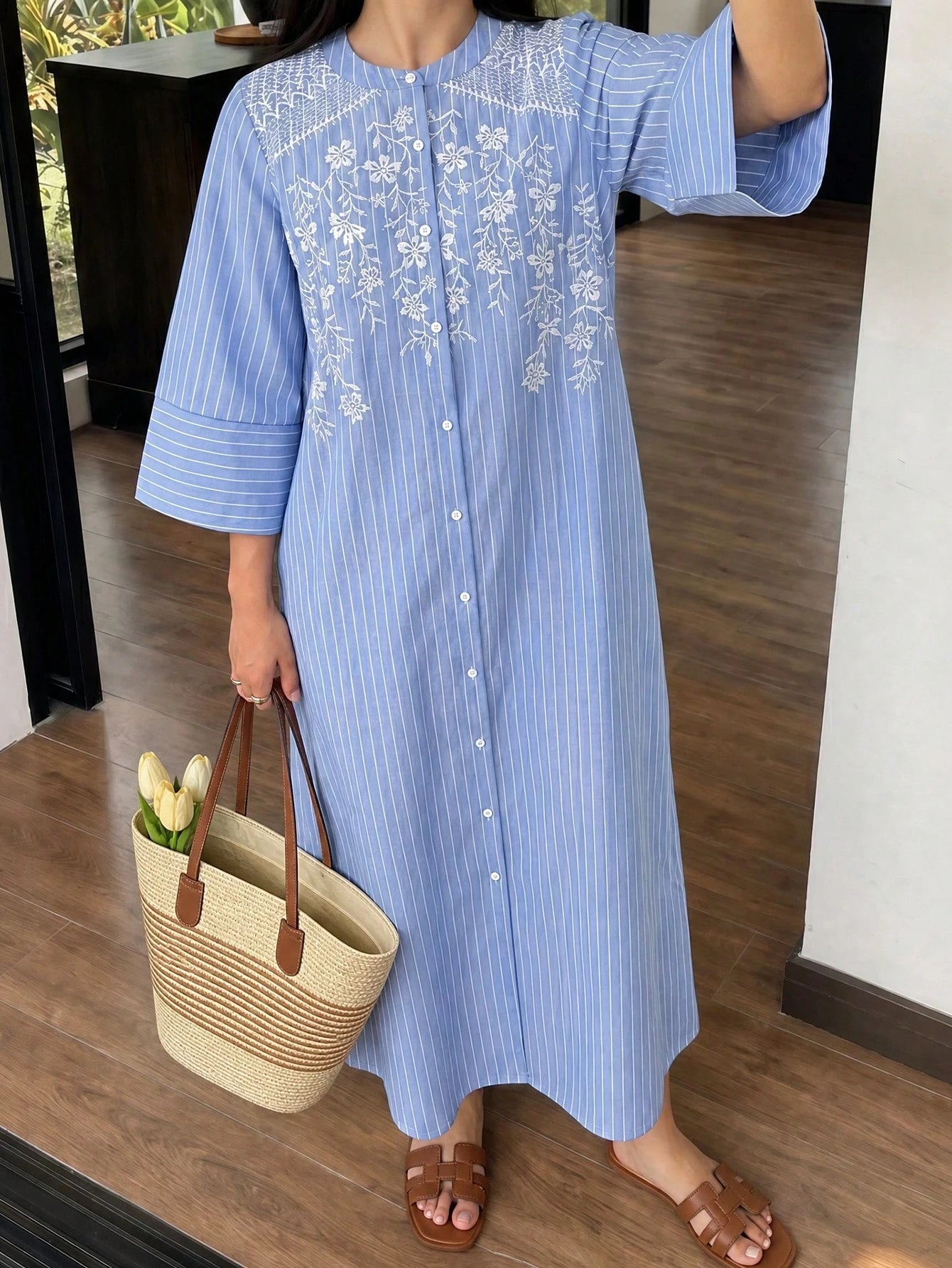 Solavon Women's Casual, Versatile Blue-And-White Striped Dress-Perfect For Vacation-Featuring 50% Cotton Fabric And White Embroidery Detailing.