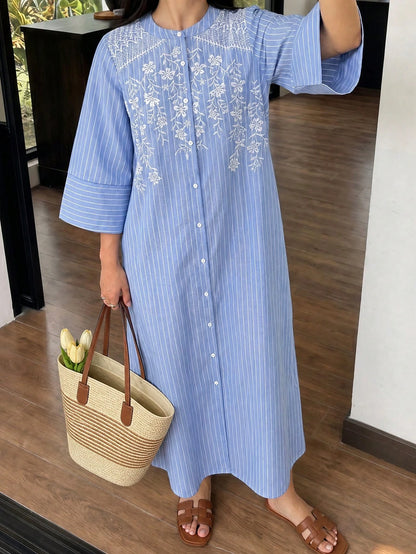 Solavon Women's Casual, Versatile Blue-And-White Striped Dress-Perfect For Vacation-Featuring 50% Cotton Fabric And White Embroidery Detailing.