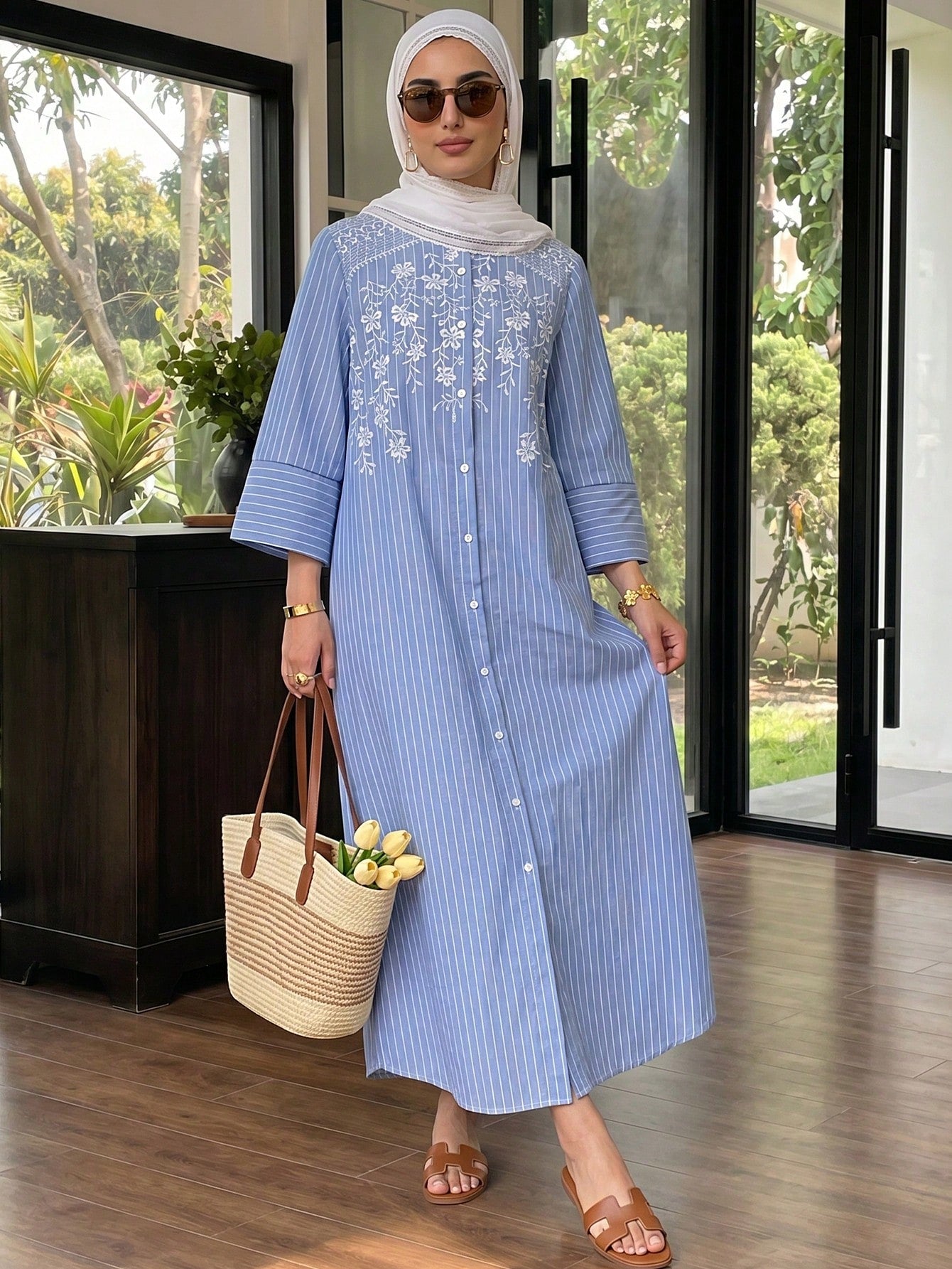 Solavon Women's Casual, Versatile Blue-And-White Striped Dress-Perfect For Vacation-Featuring 50% Cotton Fabric And White Embroidery Detailing.