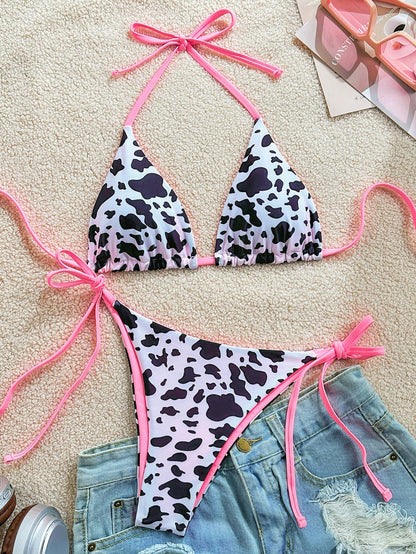 Soleia 2pcs/Set Women's Vacation Cow Print Contrasting Magenta Reversible Halter Tie Bikini, For Summer Beach