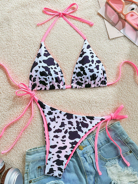 Soleia 2pcs/Set Women's Vacation Cow Print Contrasting Magenta Reversible Halter Tie Bikini, For Summer Beach