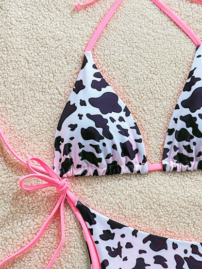 Soleia 2pcs/Set Women's Vacation Cow Print Contrasting Magenta Reversible Halter Tie Bikini, For Summer Beach