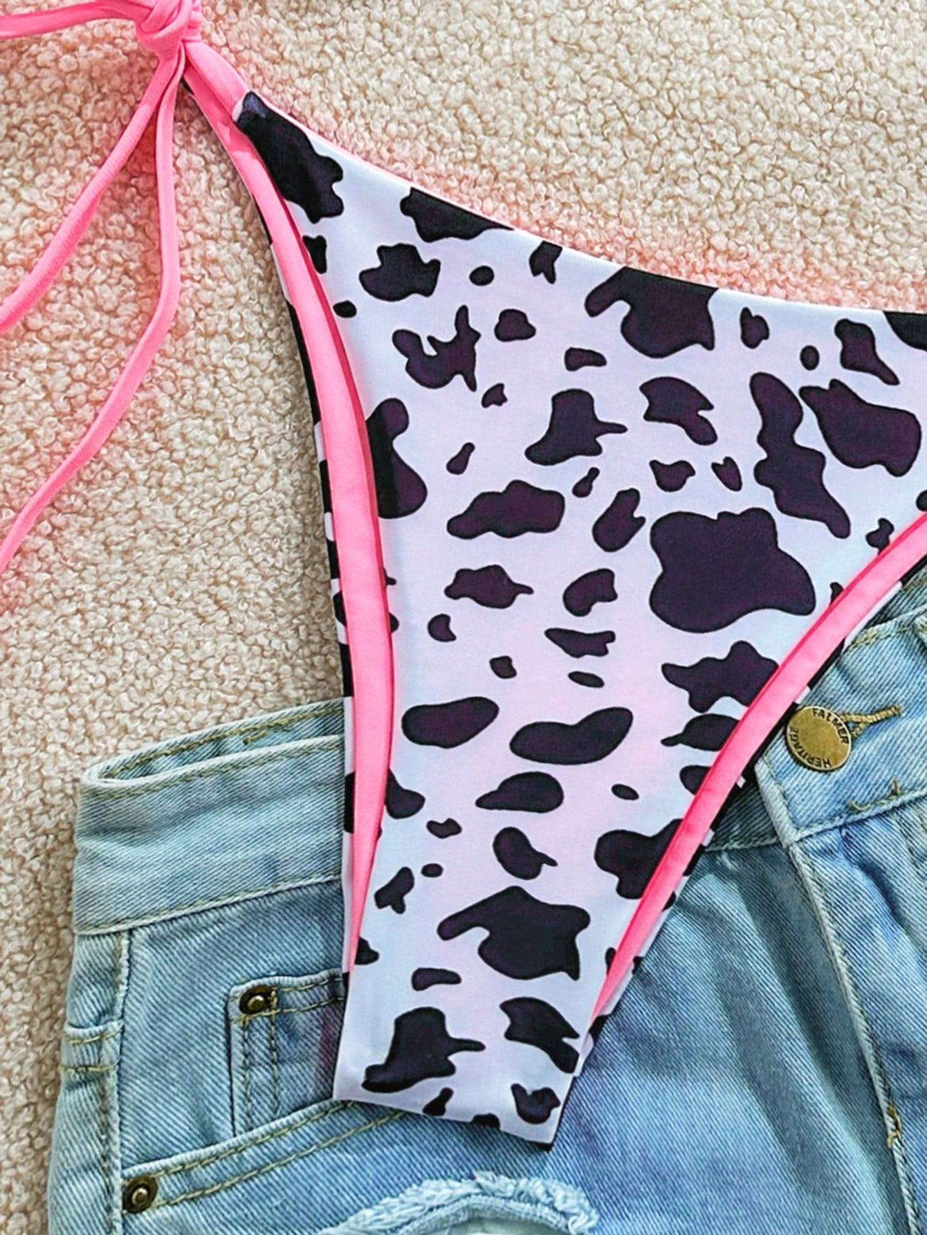 Soleia 2pcs/Set Women's Vacation Cow Print Contrasting Magenta Reversible Halter Tie Bikini, For Summer Beach