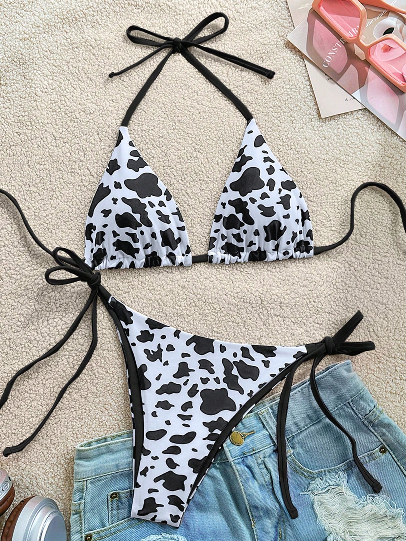 Soleia 2pcs/Set Women's Vacation Cow Print Contrasting Magenta Reversible Halter Tie Bikini, For Summer Beach