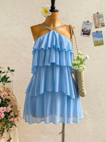 Soleia Elegant Baby Blue Multi-Layer Ruffle Chiffon Mini Dress,Summer Tropical Holiday Vacation Bohemian Backless Wedding Guest Party Floral Dresses