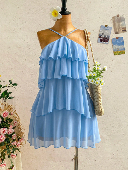Soleia Elegant Baby Blue Multi-Layer Ruffle Chiffon Mini Dress,Summer Tropical Holiday Vacation Bohemian Backless Wedding Guest Party Floral Dresses