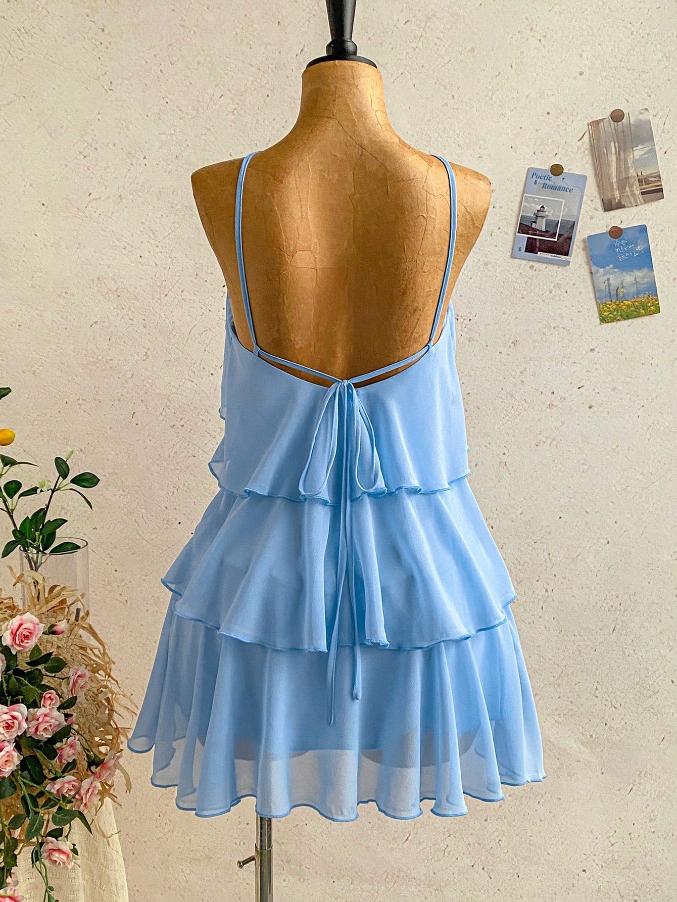 Soleia Elegant Baby Blue Multi-Layer Ruffle Chiffon Mini Dress,Summer Tropical Holiday Vacation Bohemian Backless Wedding Guest Party Floral Dresses