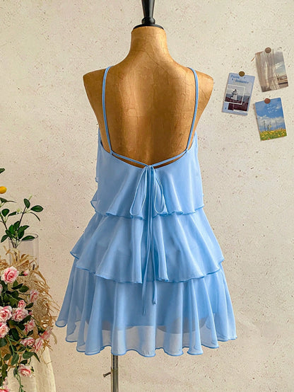 Soleia Elegant Baby Blue Multi-Layer Ruffle Chiffon Mini Dress,Summer Tropical Holiday Vacation Bohemian Backless Wedding Guest Party Floral Dresses