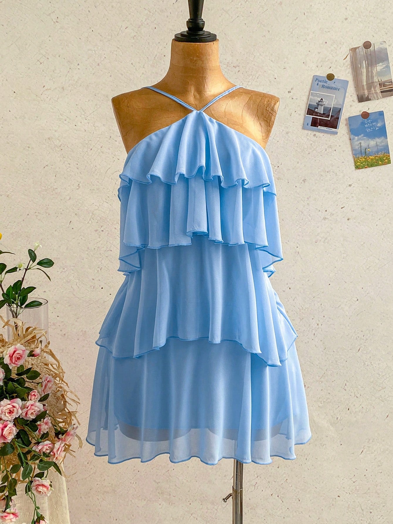 Soleia Elegant Baby Blue Multi-Layer Ruffle Chiffon Mini Dress,Summer Tropical Holiday Vacation Bohemian Backless Wedding Guest Party Floral Dresses