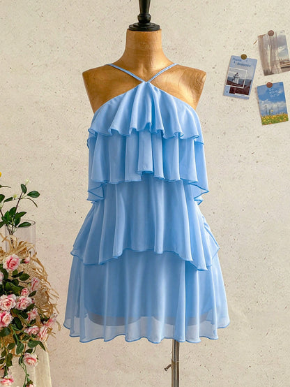 Soleia Elegant Baby Blue Multi-Layer Ruffle Chiffon Mini Dress,Summer Tropical Holiday Vacation Bohemian Backless Wedding Guest Party Floral Dresses