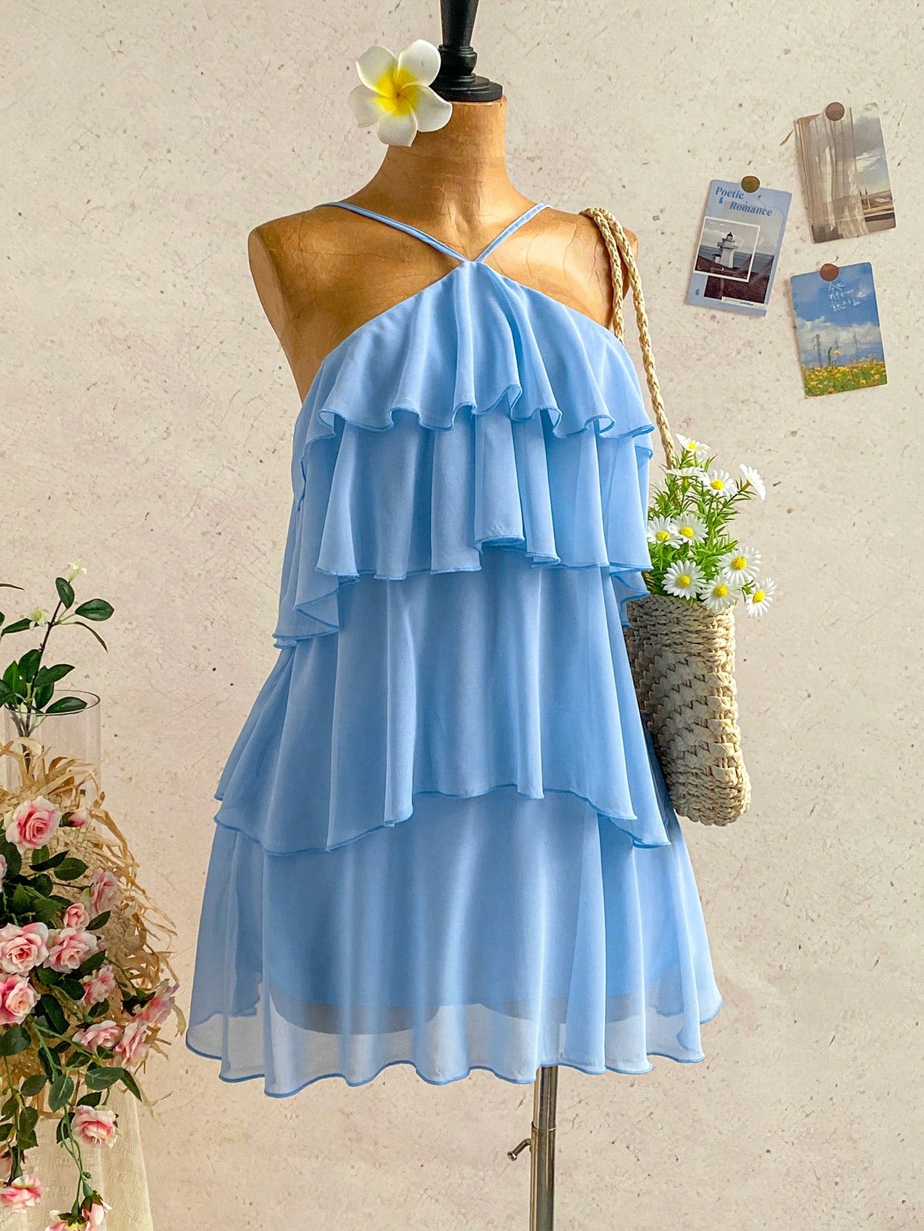 Soleia Elegant Baby Blue Multi-Layer Ruffle Chiffon Mini Dress,Summer Tropical Holiday Vacation Bohemian Backless Wedding Guest Party Floral Dresses