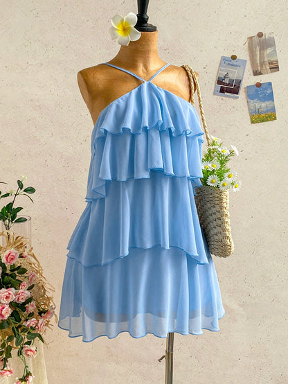 Soleia Elegant Baby Blue Multi-Layer Ruffle Chiffon Mini Dress,Summer Tropical Holiday Vacation Bohemian Backless Wedding Guest Party Floral Dresses