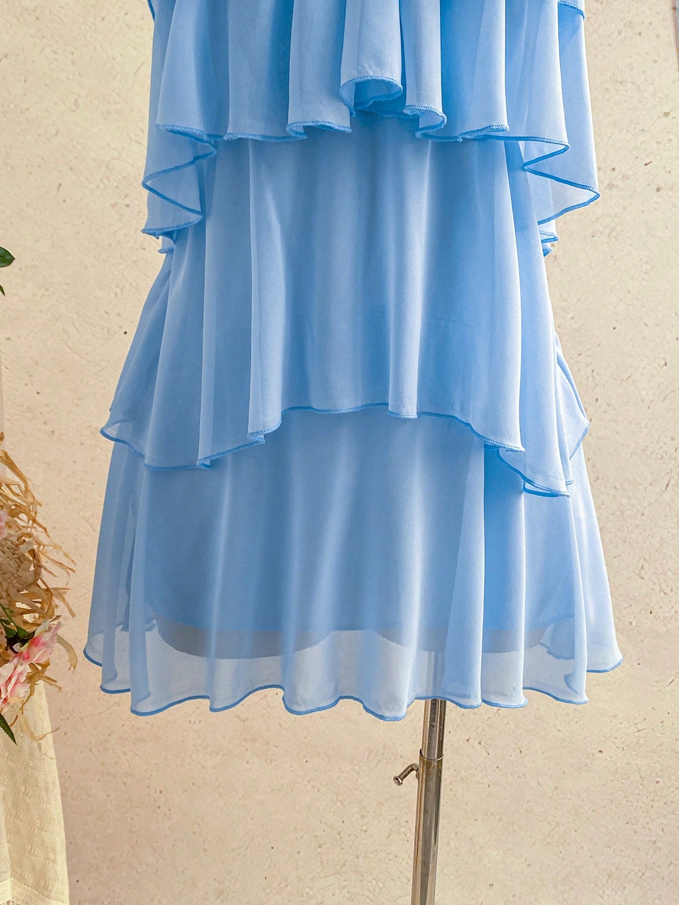 Soleia Elegant Baby Blue Multi-Layer Ruffle Chiffon Mini Dress,Summer Tropical Holiday Vacation Bohemian Backless Wedding Guest Party Floral Dresses