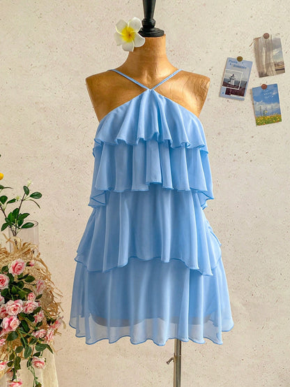 Soleia Elegant Baby Blue Multi-Layer Ruffle Chiffon Mini Dress,Summer Tropical Holiday Vacation Bohemian Backless Wedding Guest Party Floral Dresses