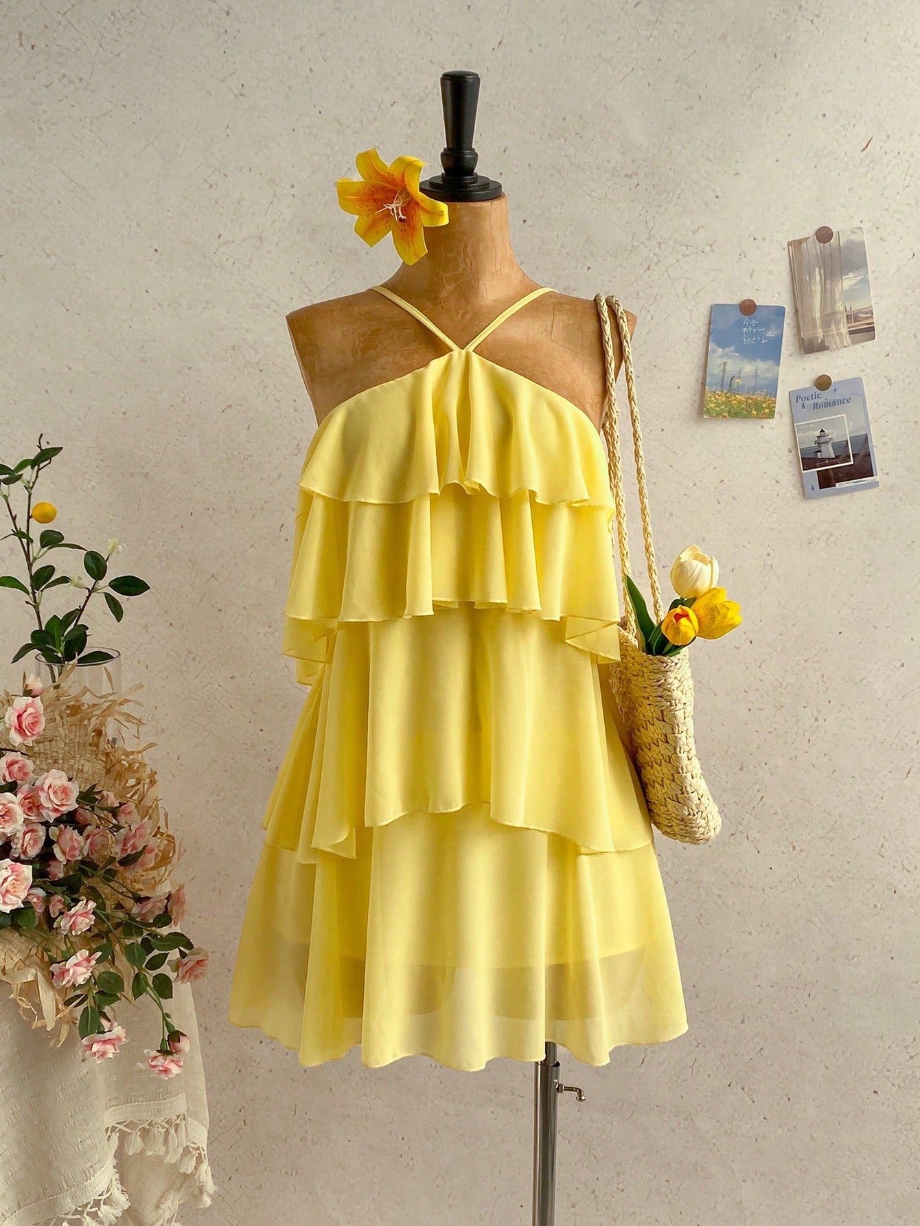 Soleia Elegant Baby Blue Multi-Layer Ruffle Chiffon Mini Dress,Summer Tropical Holiday Vacation Bohemian Backless Wedding Guest Party Floral Dresses
