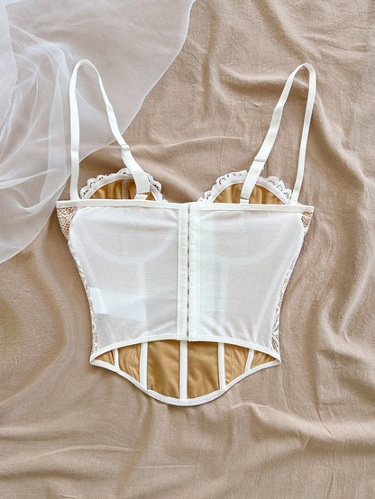 Soleia Elegant Beige Floral Lace Trim Bustier Camisole,Fitted Shaping Support Vacation Camis,Party,Valentine's Day,Beach Cruise,Date,Spring,No Chest Padding