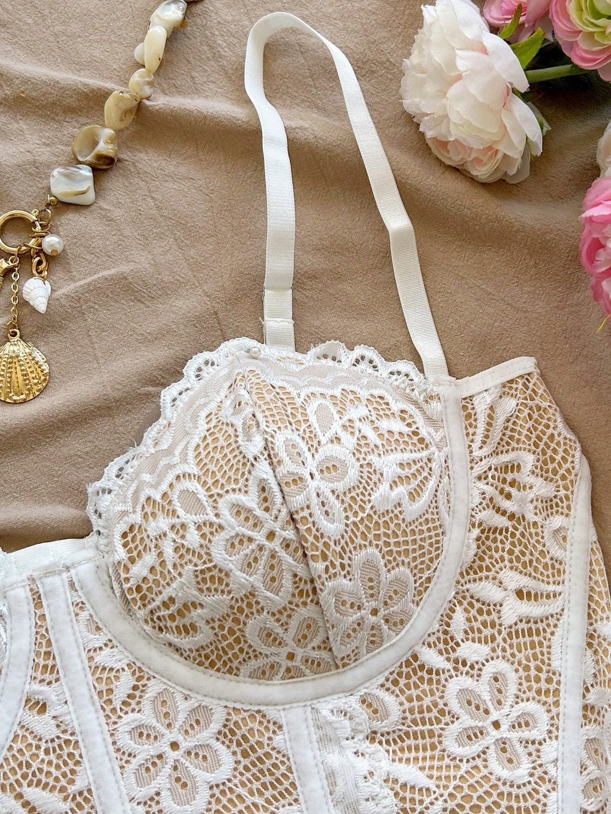 Soleia Elegant Beige Floral Lace Trim Bustier Camisole,Fitted Shaping Support Vacation Camis,Party,Valentine's Day,Beach Cruise,Date,Spring,No Chest Padding